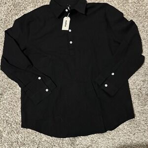 Ouku Mens Cotton Linen Popover Shirt Black Long Sleeve Roll Tab Button Up NEW